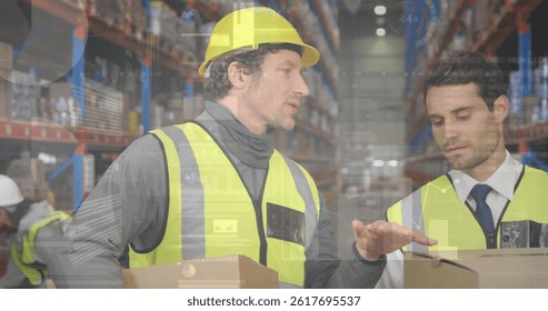 Image of financial data processing over two caucasian warehouse worker. global shipping, delivery, business, data processing and technology concept digitally generated image.