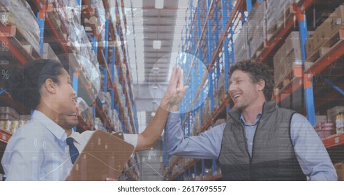Image of financial data processing over three diverse warehouse worker. global shipping, delivery, business, data processing and technology concept digitally generated image.