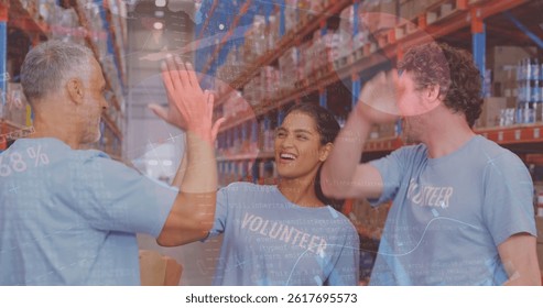 Image of financial data processing over three diverse warehouse worker. global shipping, delivery, business, data processing and technology concept digitally generated image.
