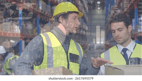 Image of financial data processing over two caucasian warehouse worker. global shipping, delivery, business, data processing and technology concept digitally generated image.