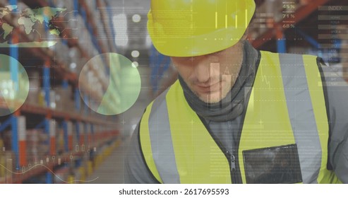 Image of financial data processing over caucasian warehouse worker. global shipping, delivery, business, data processing and technology concept digitally generated image.