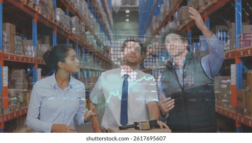 Image of financial data processing over three diverse warehouse worker. global shipping, delivery, business, data processing and technology concept digitally generated image.