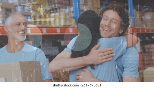Image of financial data processing over three diverse warehouse worker. global shipping, delivery, business, data processing and technology concept digitally generated image.