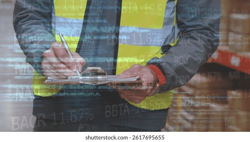 Image of financial data processing over caucasian warehouse worker. global shipping, delivery, business, data processing and technology concept digitally generated image.
