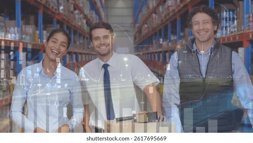 Image of financial data processing over three diverse warehouse worker. global shipping, delivery, business, data processing and technology concept digitally generated image.