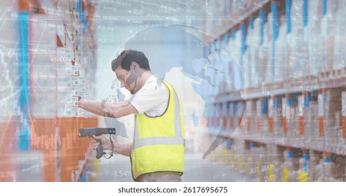 Image of financial data processing over caucasian warehouse worker. global shipping, delivery, business, data processing and technology concept digitally generated image.