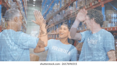 Image of financial data processing over three diverse warehouse worker. global shipping, delivery, business, data processing and technology concept digitally generated image.