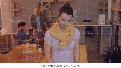 Image of financial data processing over diverse group of business people. global business, finances, digital interface and connections concept digitally generated image.