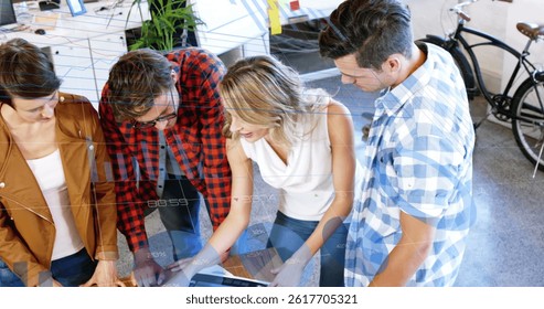 Image of financial data processing over diverse group of business people. global business, finances, digital interface and connections concept digitally generated image.