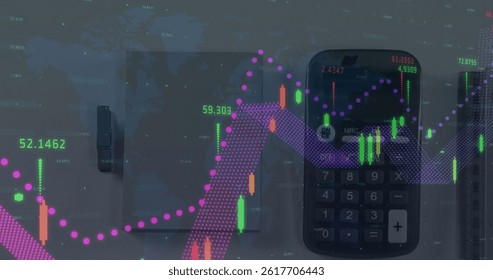 Image of financial data processing over calculator on desk. global business, finances and digital interface concept digitally generated image. - Powered by Shutterstock - Get 15% off with code: PIKWIZARD15