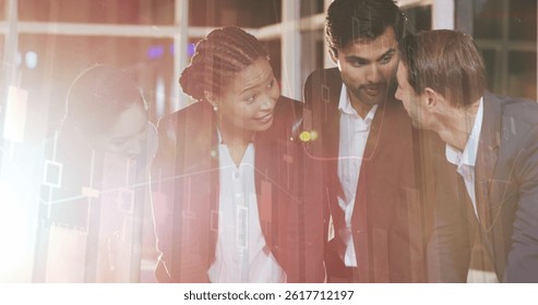 Image of financial data processing over diverse business people in office. global business, data processing and digital interface concept digitally generated image.