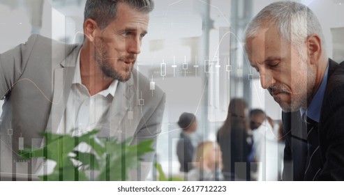 Image of financial data processing over diverse business people in office. global business, data processing and digital interface concept digitally generated image.