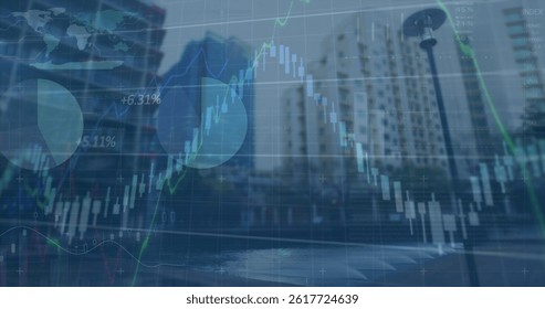 Image of financial data processing over cityscape. global connections, computing and digital interface concept digitally generated image.