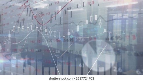 Image of financial data processing over empty office. global finances, computing and digital interface concept digitally generated image.