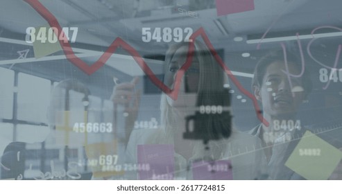 Image of financial data processing over diverse business people in office. global business, finances and digital interface concept digitally generated image.
