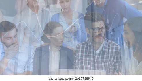 Image of financial data processing over diverse business people. global finances, computing and digital interface concept digitally generated image.