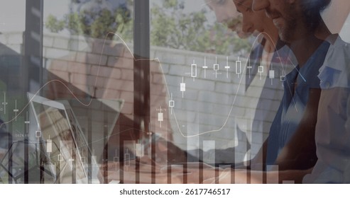 Image of financial data processing over diverse business people. global finances, computing and digital interface concept digitally generated image.