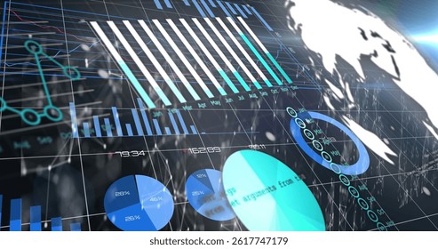 Image of financial data processing over dark background. Global science, connections, data processing and digital interface concept digitally generated image. - Powered by Shutterstock - Get 15% off with code: PIKWIZARD15