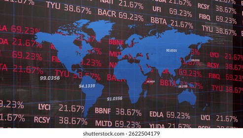 Image of financial data processing over world map. global data processing, business and finance concept digitally generated image. - Powered by Shutterstock - Get 15% off with code: PIKWIZARD15