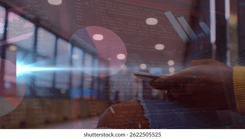 Image of financial data processing over person using smartphone. Global connections, data processing and digital interface concept digitally generated image.