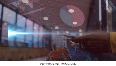 Image of financial data processing over person using smartphone. Global connections, data processing and digital interface concept digitally generated image.