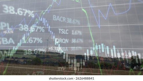 Image of financial data processing over grid. Global finance economy business and technology concept digitally generated image.