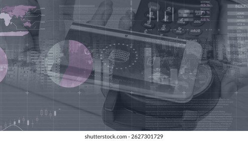 Image of financial data processing over man using computer. Global business data processing and digital interface concept digitally generated image.