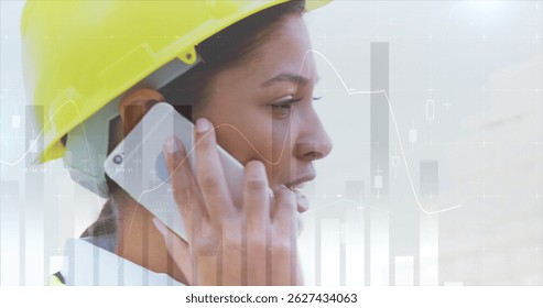 Image of financial data processing over businesswoman working in office. Global connections business digital interface technology and networking concept digitally generated image.