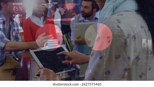 Image of financial data processing over diverse business people. Global business data processing connections technology and digital interface concept digitally generated image.