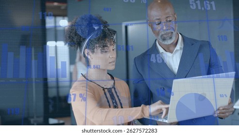 Image of financial data processing over diverse business people in office. Global finance, business, connections, computing and data processing concept digitally generated image.