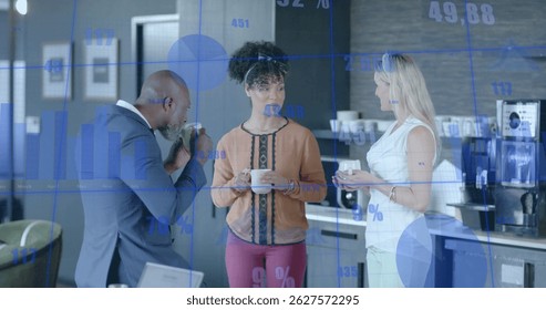 Image of financial data processing over diverse business people in office. Global finance, business, connections, computing and data processing concept digitally generated image.