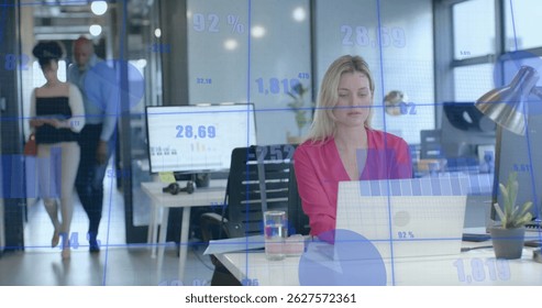 Image of financial data processing over diverse business people in office. Global finance, business, connections, computing and data processing concept digitally generated image.
