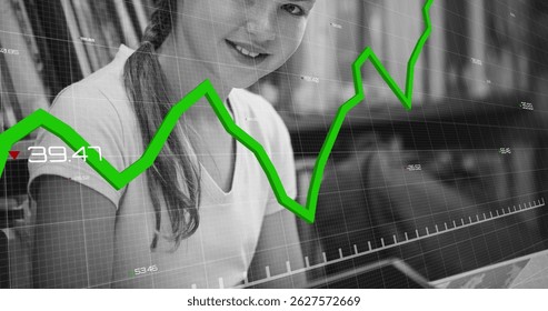 Image of financial data processing over reading caucasian girl. Global business, finances, data processing and digital interface concept digitally generated image.