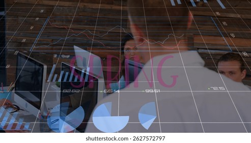 Image of financial data processing over business people working in office. Global business finances data processing and technology concept digitally generated image.