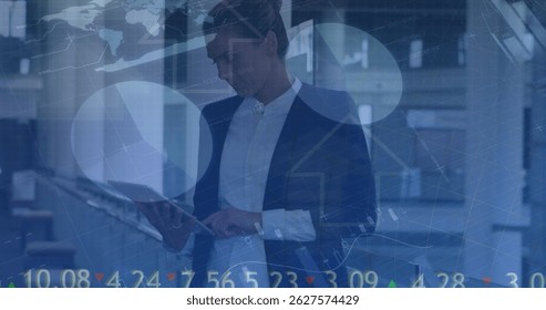Image of financial data processing over businesswoman in office. Global technology data processing connections and digital interface concept digitally generated image.