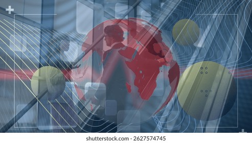 Image of financial data processing over two diverse business people. Global business, finances, data processing and digital interface concept digitally generated image.