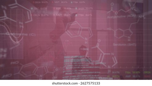 Image of financial data processing over group of diverse business people. Global business, finances, digital interface and connections concept digitally generated image.