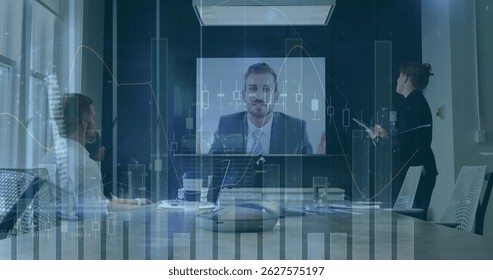 Image of financial data processing over diverse group of business people. Global business, finances, digital interface and connections concept digitally generated image.