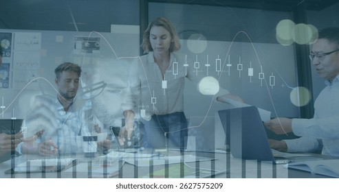 Image of financial data processing over diverse group of business people. Global business, finances, digital interface and connections concept digitally generated image.