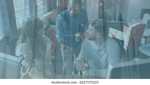 Image of financial data processing over business people working in office. Global business communication and data network concept digitally generated image.