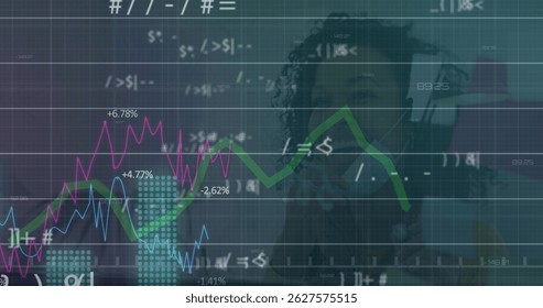 Image of financial data processing over grid. Global business finances data processing and technology concept digitally generated image.