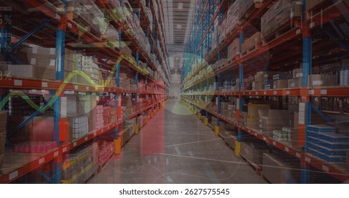 Image of financial data processing over men working in warehouse. Global business data processing digital interface technology and shipping concept digitally generated image.
