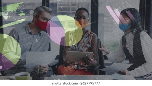 Image of financial data processing over diverse group of business people wearing face masks. Global business, finances during covid 19 pandemic concept digitally generated image.