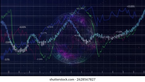 Image of financial data processing over dark background. global connections, data processing and digital interface concept digitally generated image.