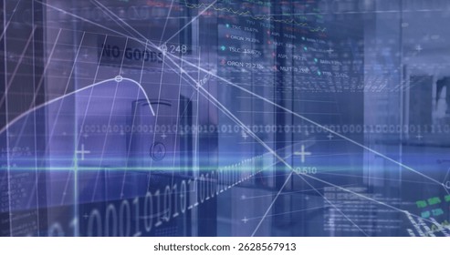 Image of financial data processing over office. Global business digital interface technology and networking concept digitally generated image.