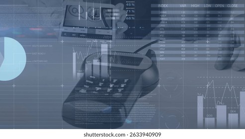 Image of financial data processing over payment terminal. Global business, finances, data processing and digital interface concept digitally generated image.