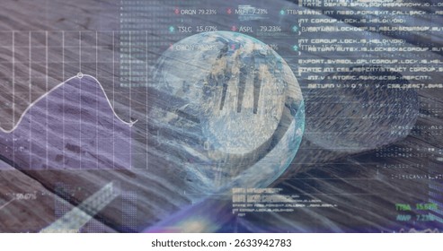 Image of financial data processing over globe. Global connections, data processing and digital interface concept digitally generated image.