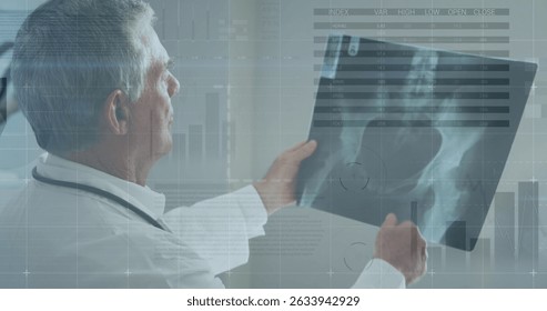 Image of financial data processing over caucasian doctor. Global medicine, technology, data processing and digital interface concept digitally generated image.