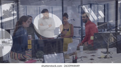 Image of financial data processing over people working in warehouse. Logistics and transportation business concept.