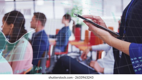 Image of financial data processing over business people. Global business digital interface technology and networking concept digitally generated image.